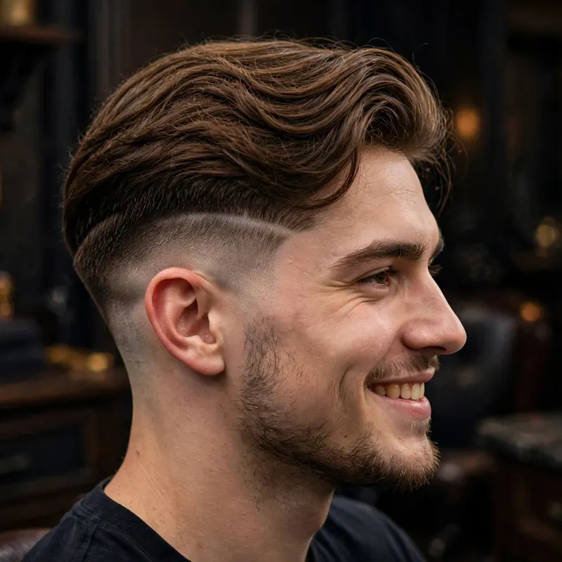 Disconnected undercut flow with mid taper fade: long top with visible disconnect, tapered sides