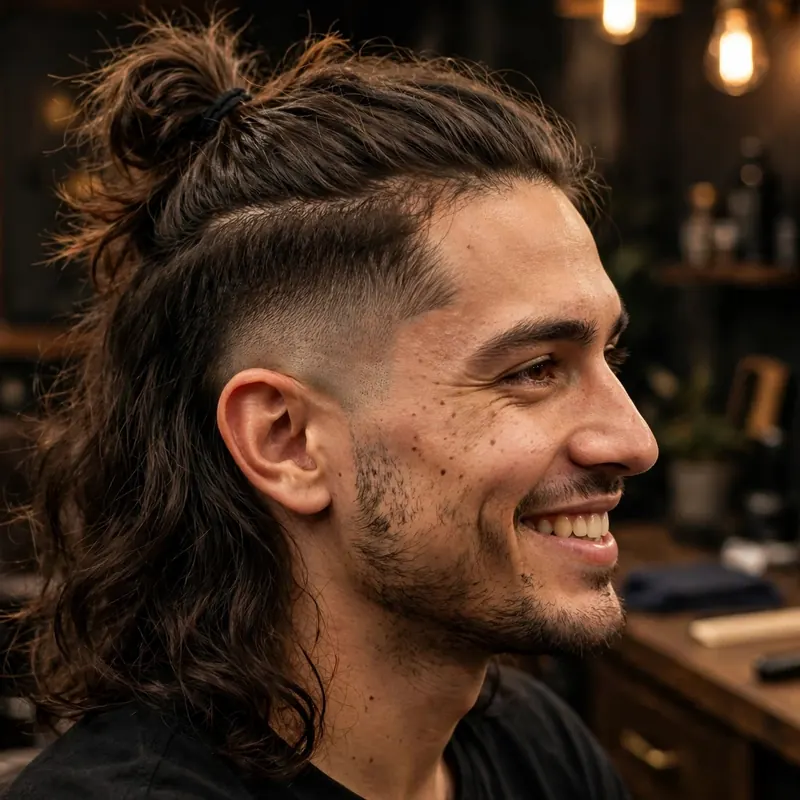 Half-up top knot with mid taper fade: top half of long hair tied up, rest loose, tapered sides