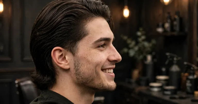 Mid taper fade long hair: side profile of long hair swept back with a crisp mid taper fade.