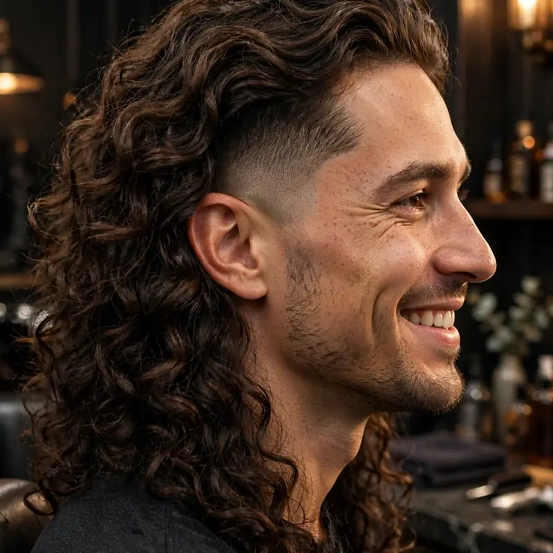 Long flowing curls with mid taper fade: shoulder-length curls, tapered sides