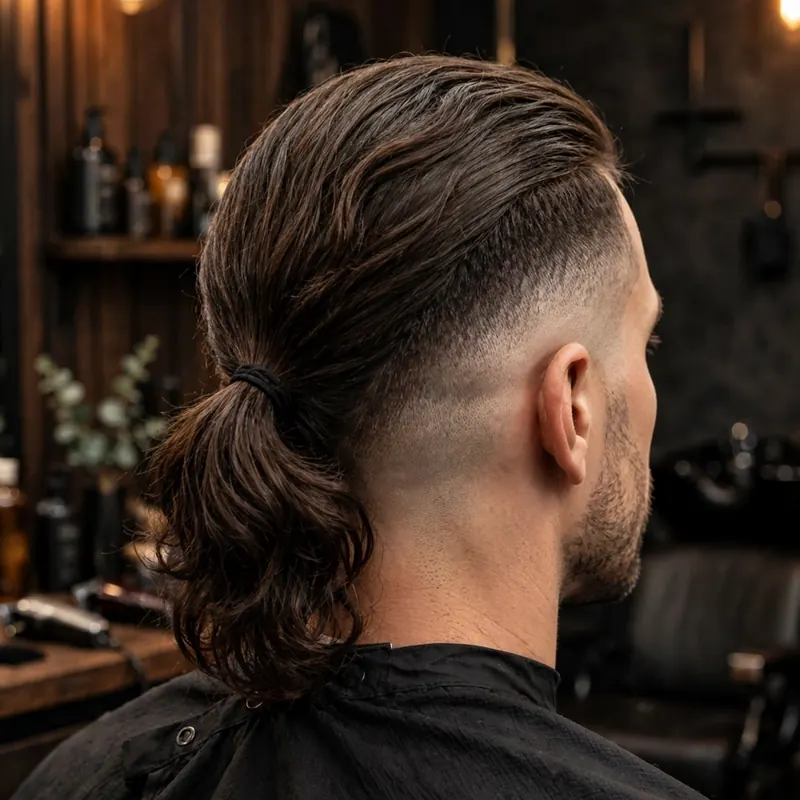 Low ponytail with mid taper fade: long hair tied low at the nape, clean tapered sides