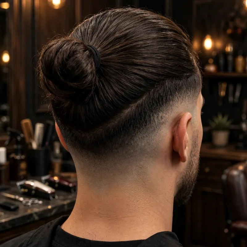 Man bun with mid taper fade: long hair tied in a bun, crisp tapered sides, back view