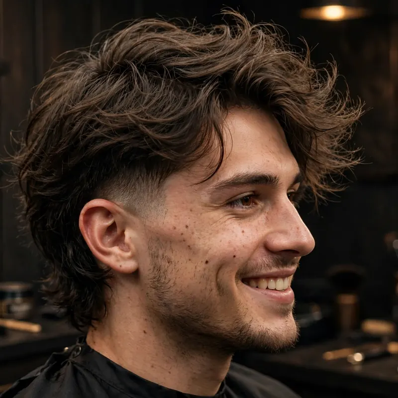 Messy bro flow with mid taper fade: tousled long hair with natural movement, tapered sides