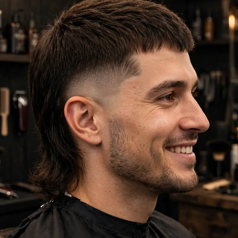 Modern mullet with mid taper fade: short blended front, long back, tapered sides