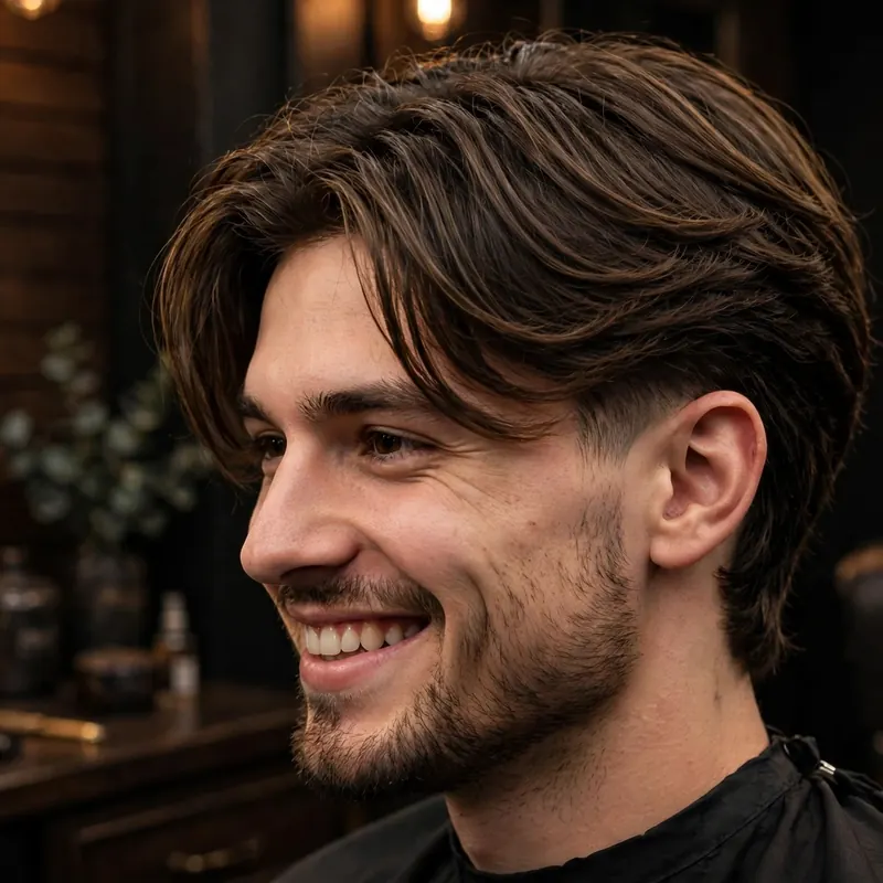 Side-swept layers with mid taper fade: long layered hair swept across, tapered sides