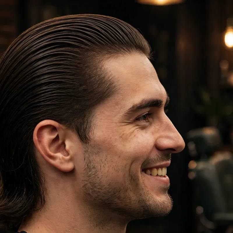 Slicked-back flow with mid taper fade: long hair combed straight back, tapered sides