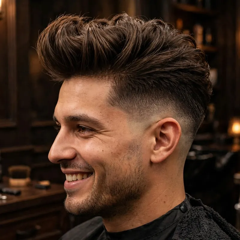 Textured pompadour with mid taper fade: long voluminous top with height, tapered sides