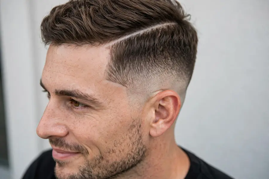 mid taper fade with hard part shaved line close-up