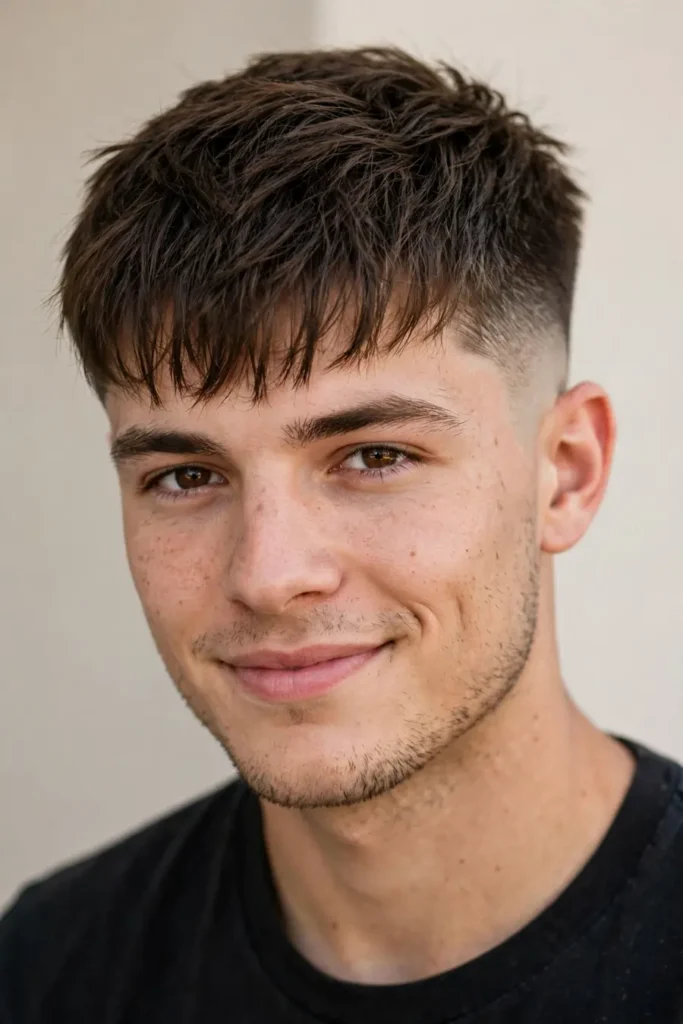 mid taper fade with textured fringe over forehead