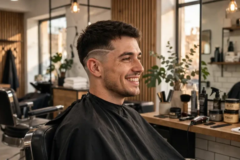 Man with a fresh taper fade and a clean shaved line design above the ear, smiling in a barbershop