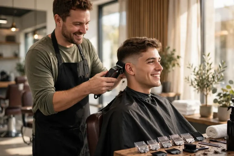 Barber cutting a smiling client's taper fade with a cordless clipper and guard combs laid out on the counter