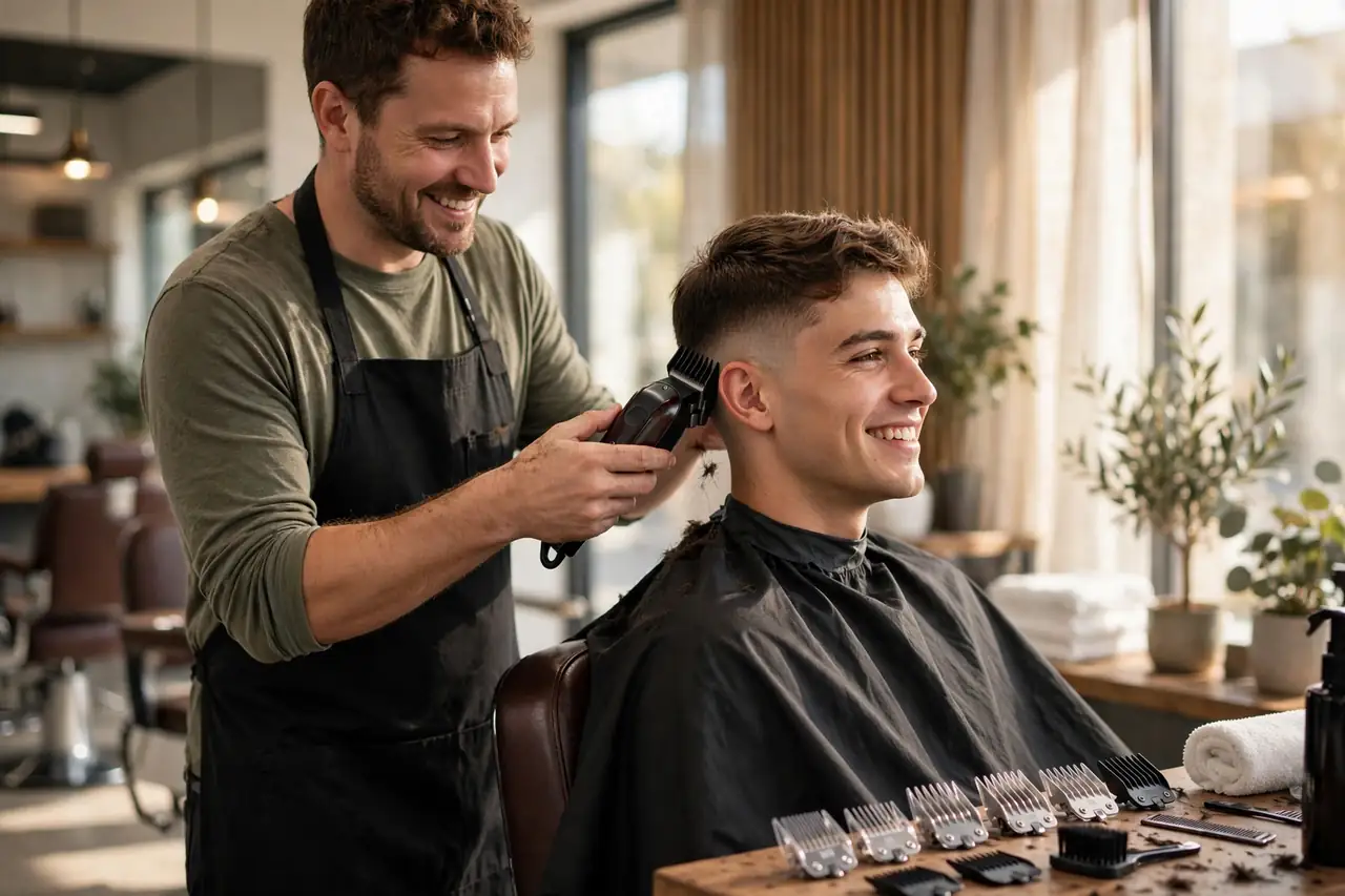 Barber cutting a smiling client's taper fade with a cordless clipper and guard combs laid out on the counter