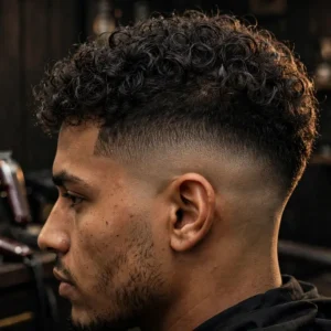 Temple fade on curly textured hair, close side view