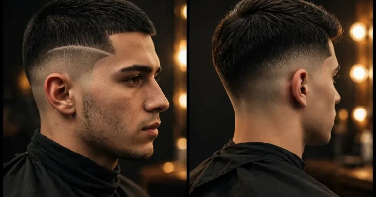 Temple fade vs taper fade comparison — sharp temple fade on the left, smooth taper fade on the right